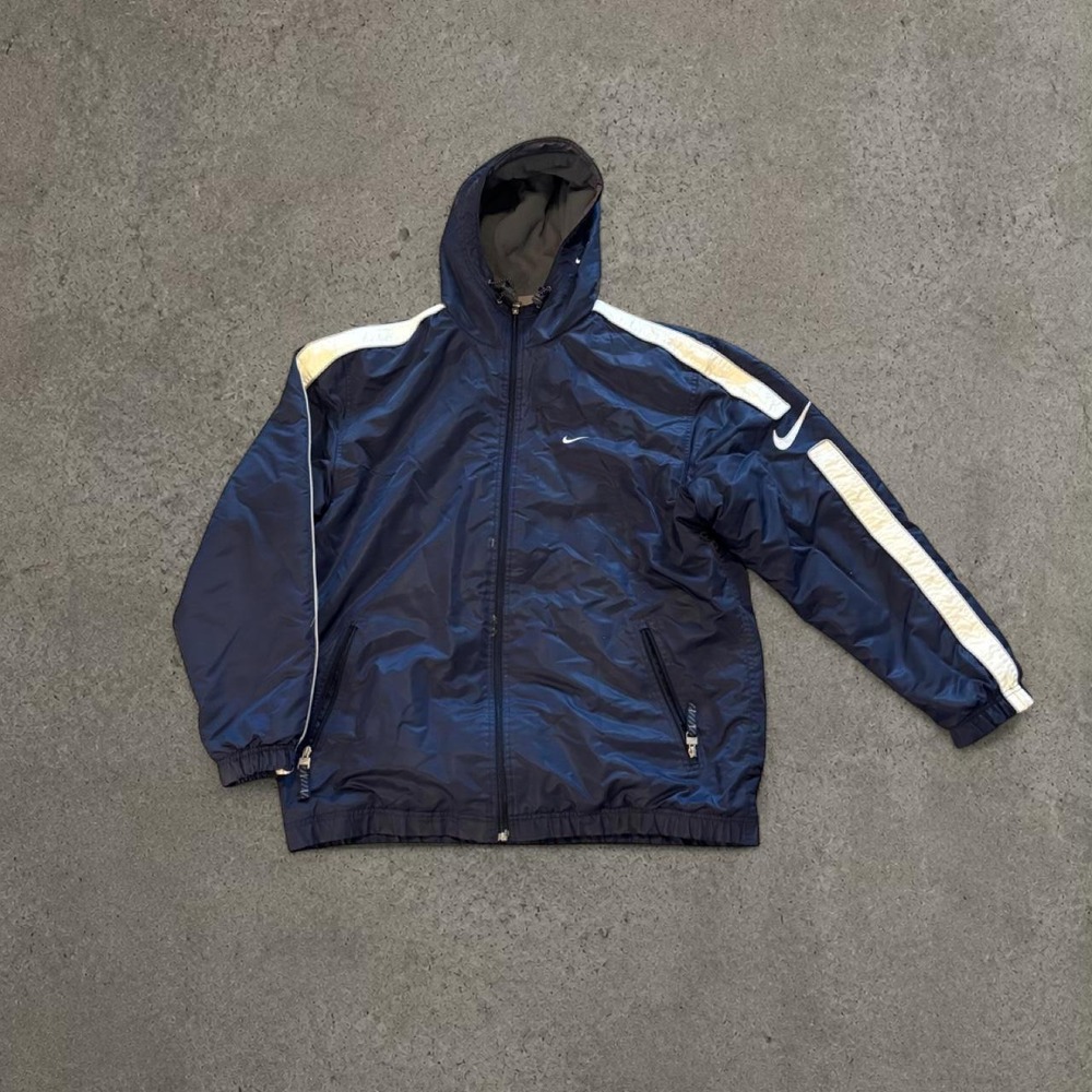 y2k 2000s navy blue nike swoosh puffer coat